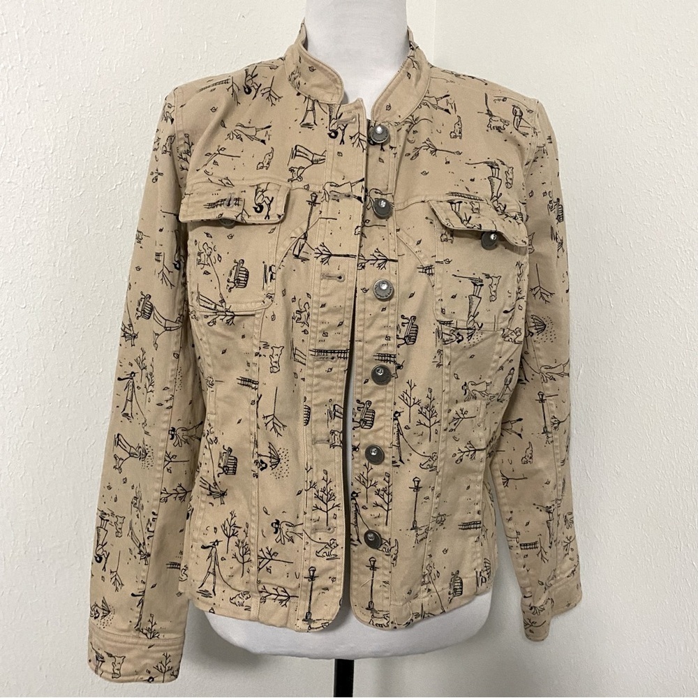 Vntg Christopher & Banks 2007 Tan Stretch Jacket Blazer Dog & People Drawing Med